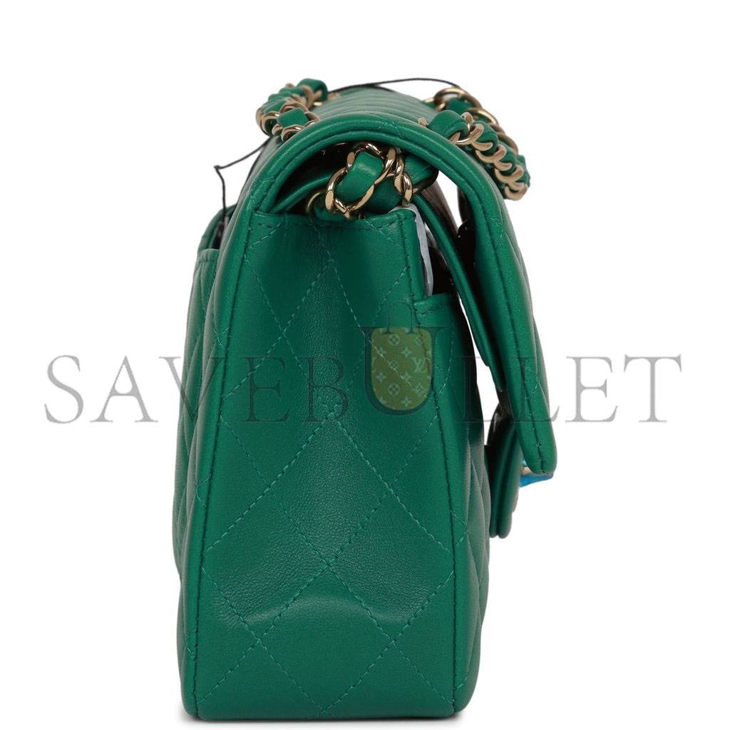 Ch*el small classic double flap bag green lambskin light gold hardware (23*13*6cm)