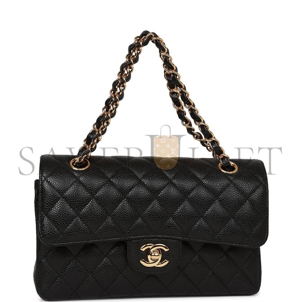 Ch*el small classic double flap bag black caviar gold hardware (23*15*6cm)