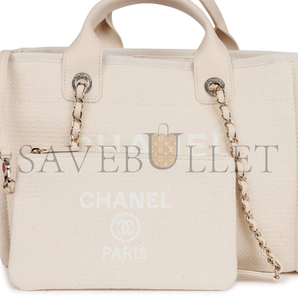 Ch*el small deauville shopping bag white boucle light gold hardware (34*27*15cm)