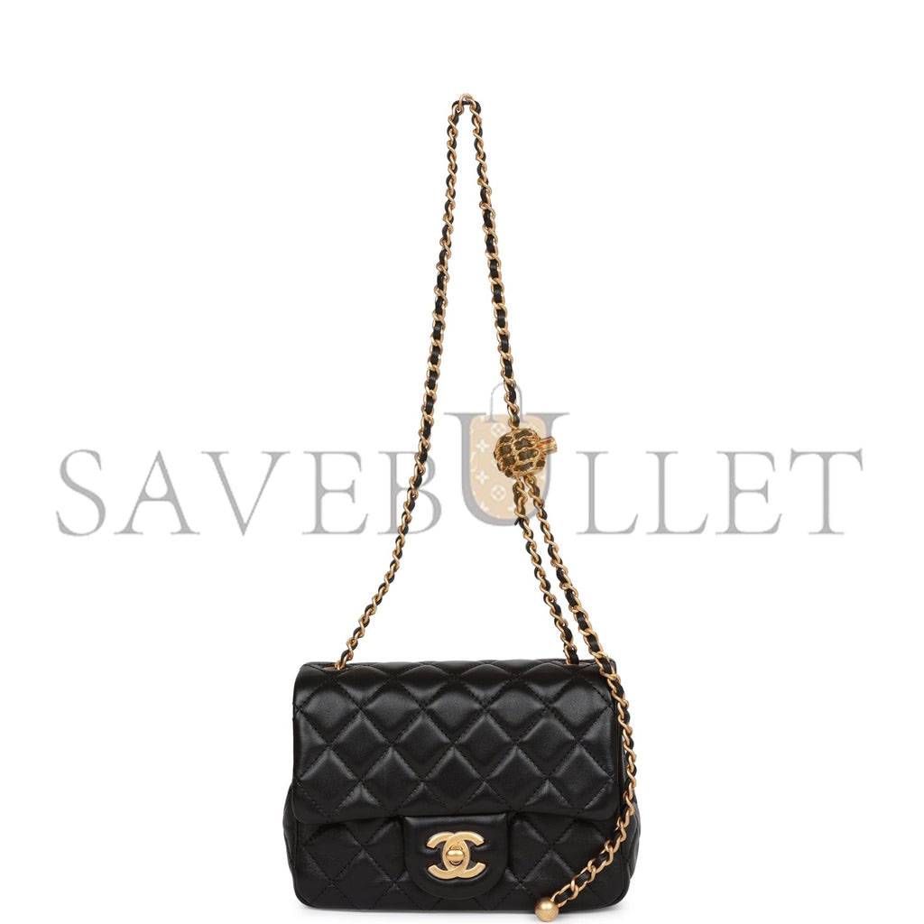 Ch*el pearl crush mini square flap bag black lambskin antique gold hardware (17*14*8cm)