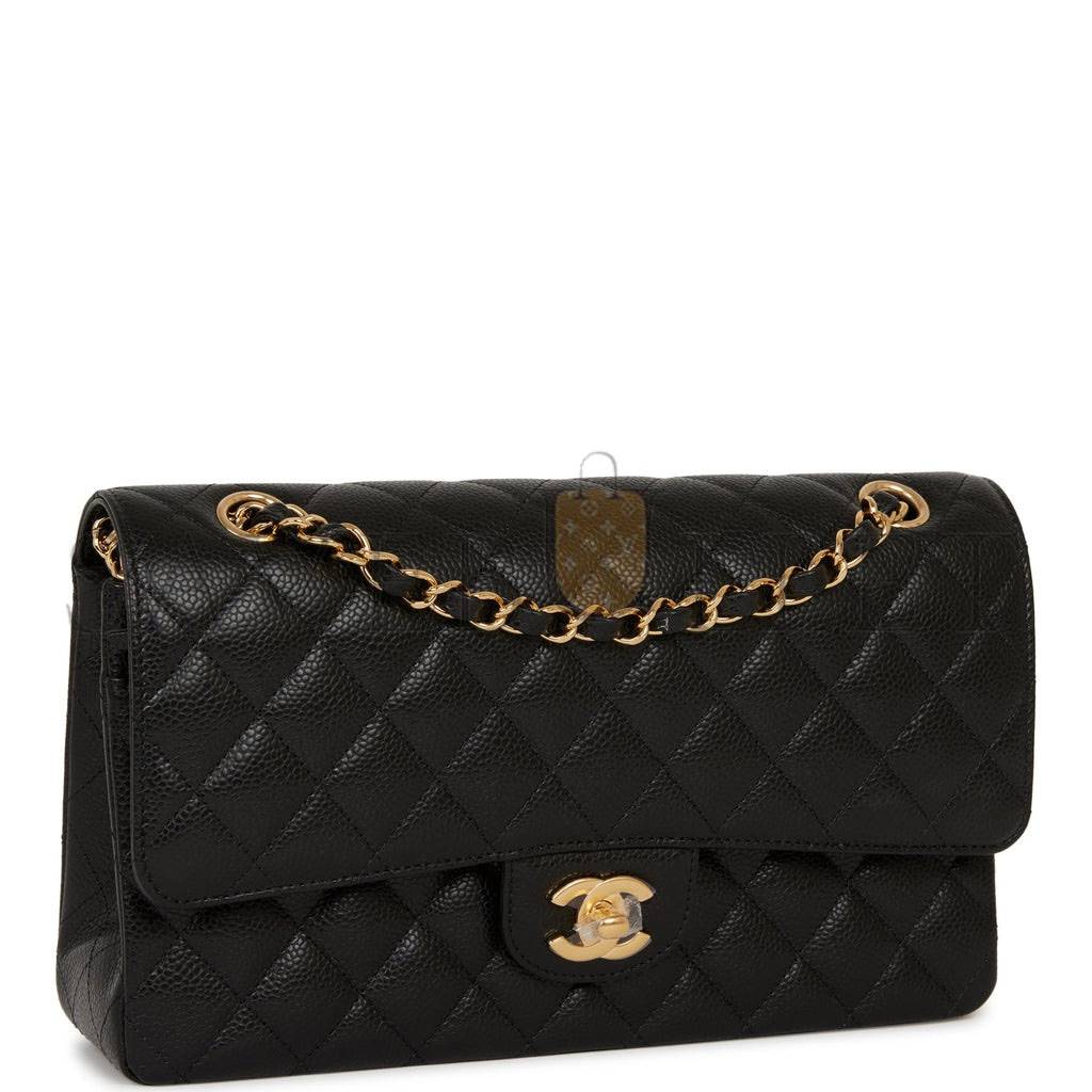 Ch*el medium classic double flap bag black quilted caviar gold hardware (25*15*7cm)