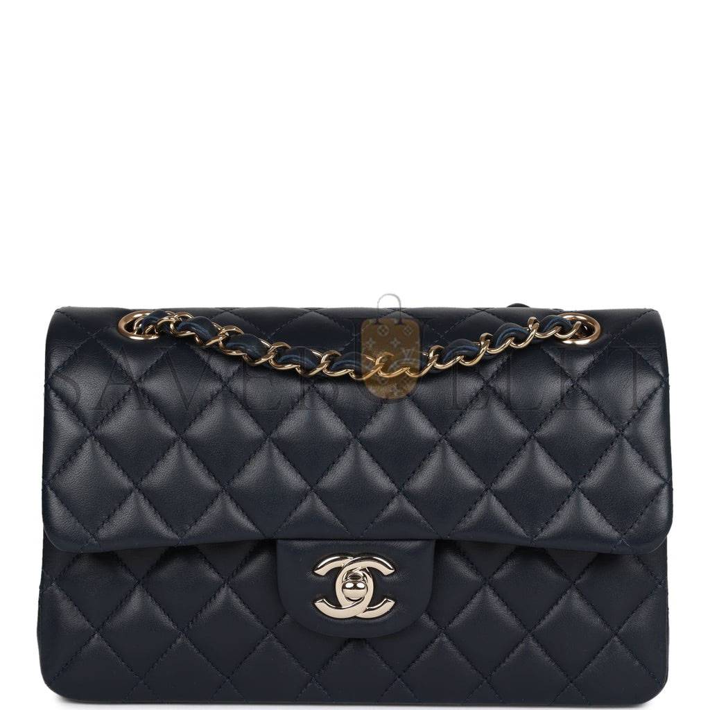 Ch*el small classic double flap navy lambskin light gold hardware (23*13*6cm)