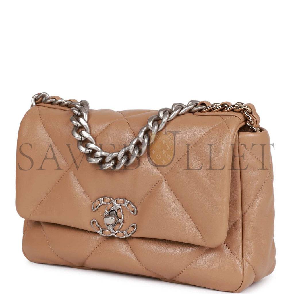 Ch*el medium 19 flap bag beige calfskin mixed hardware (25*16*9cm)
