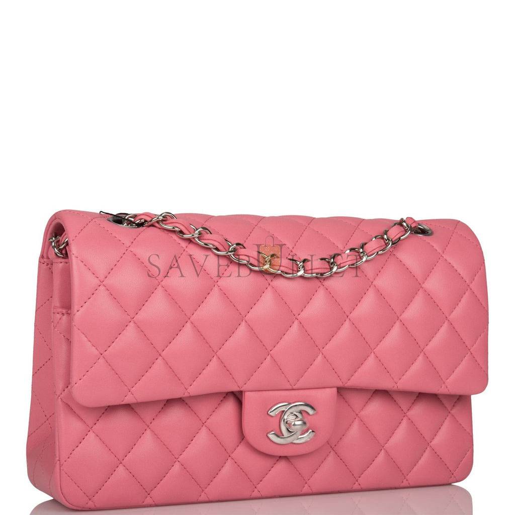 Ch*el medium classic double flap bag rose quilted lambskin silver hardware (25*15*7cm)