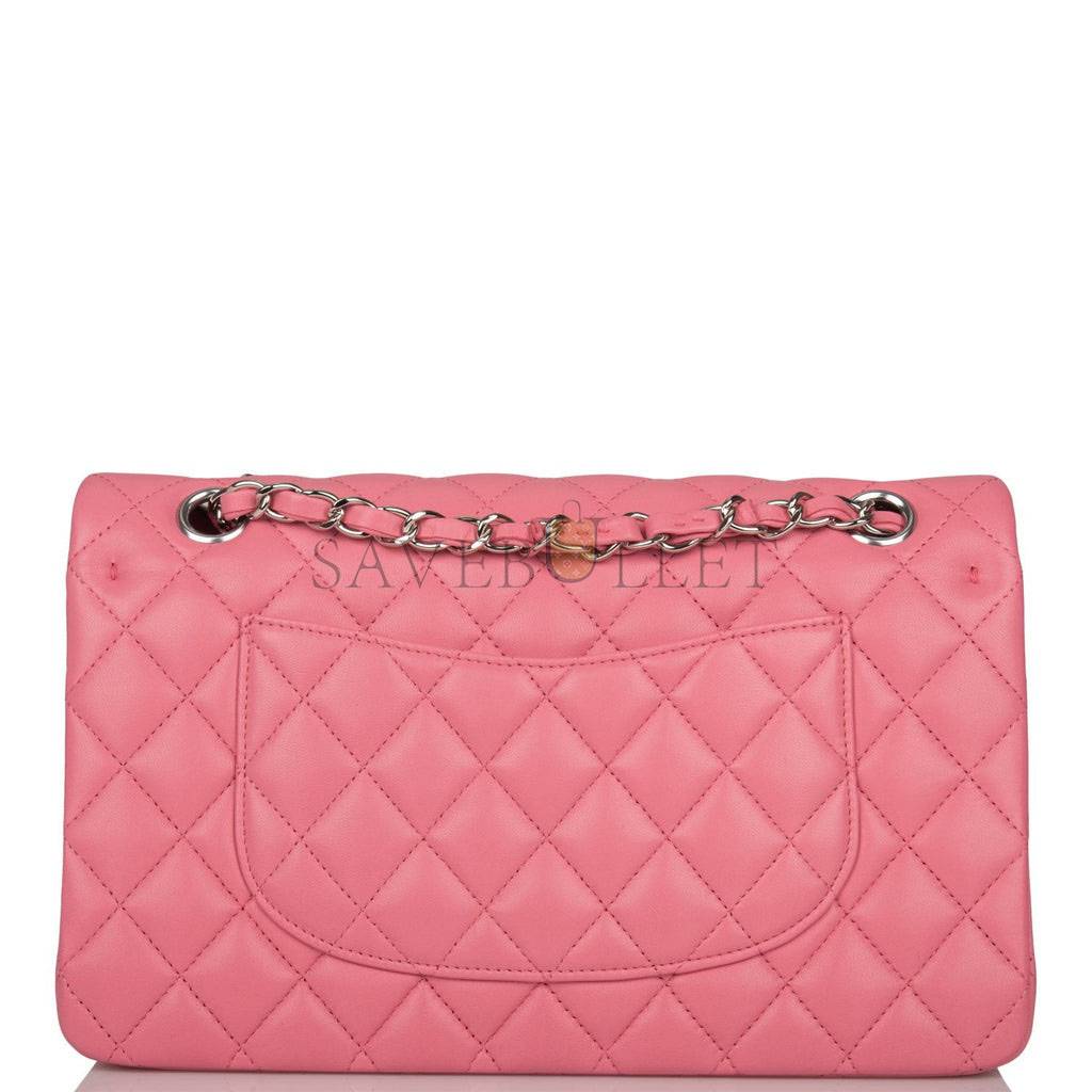 Ch*el medium classic double flap bag rose quilted lambskin silver hardware (25*15*7cm)