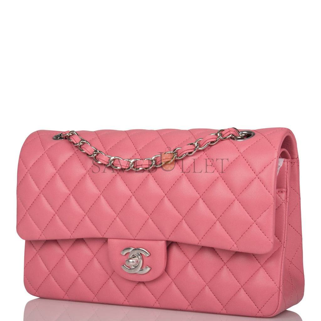Ch*el medium classic double flap bag rose quilted lambskin silver hardware (25*15*7cm)