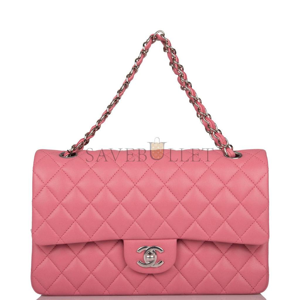 Ch*el medium classic double flap bag rose quilted lambskin silver hardware (25*15*7cm)