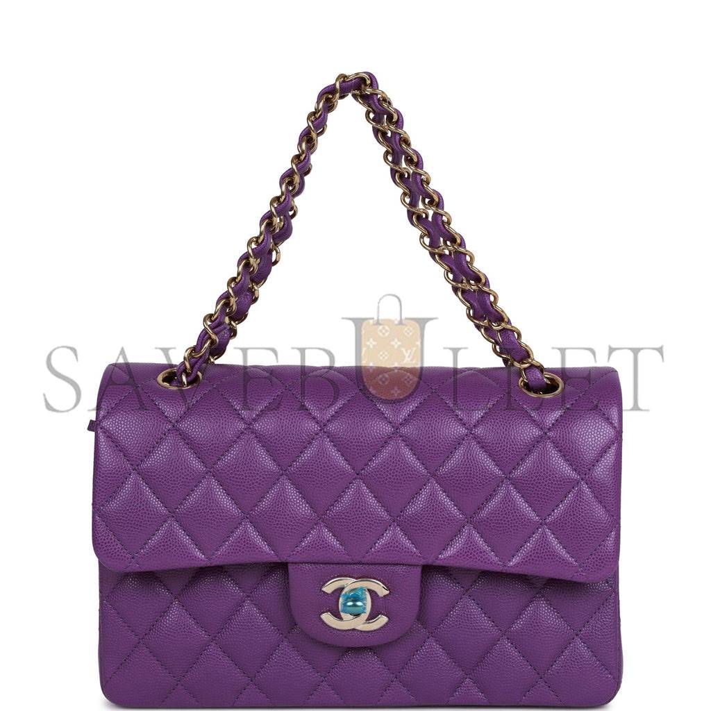 Ch*el small classic double flap purple caviar light gold hardware (23*13*6cm)