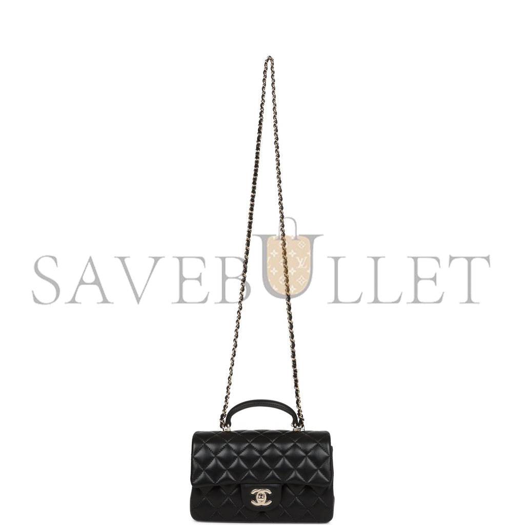 Ch*el mini rectangular flap bag with top handle black lambskin light gold hardware (22*15*8cm)