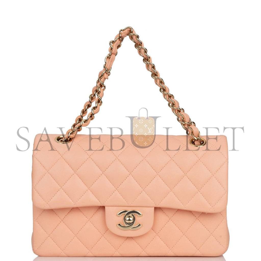 Ch*el small classic double flap peach lambskin light gold hardware (23*13*6cm)