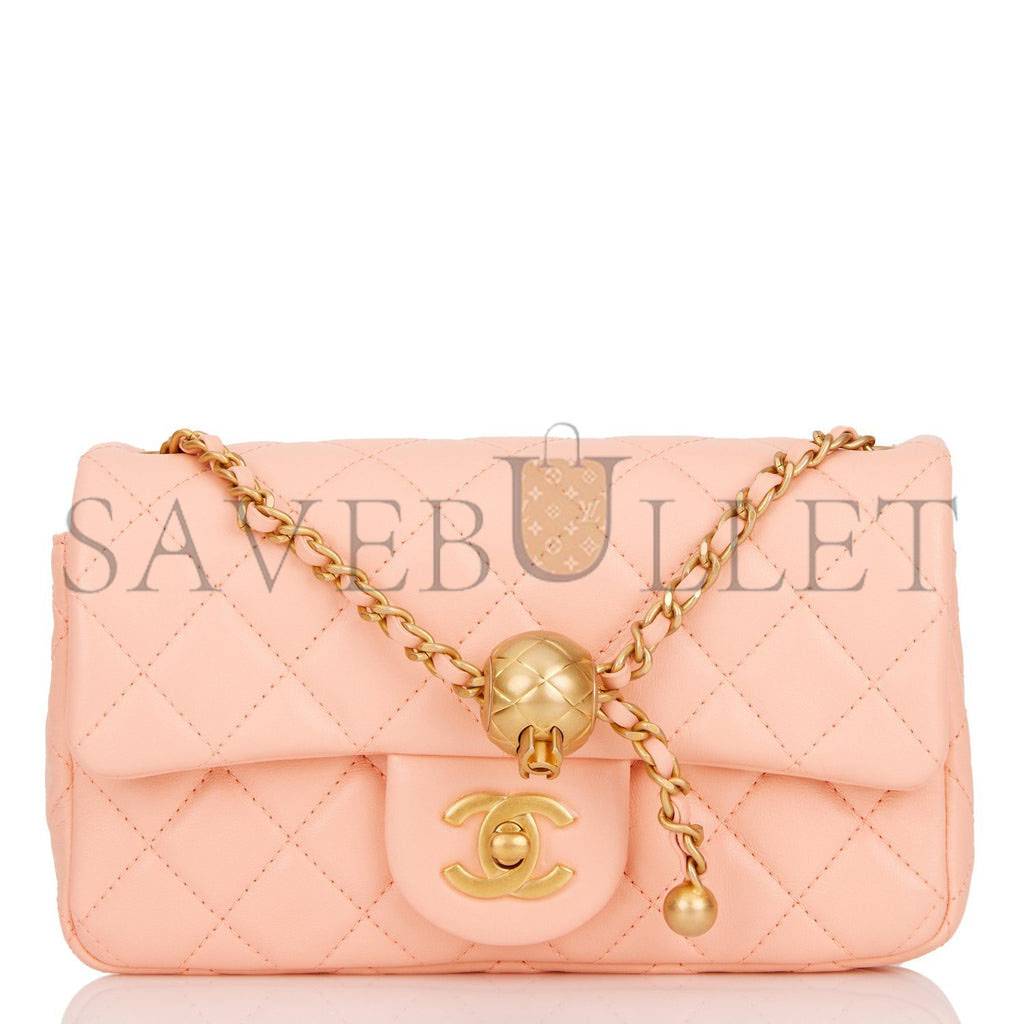 Ch*el pearl crush mini rectangular flap bag peach lambskin antique gold hardware (20*13*6cm)