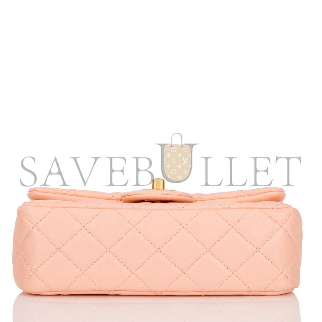 Ch*el pearl crush mini rectangular flap bag peach lambskin antique gold hardware (20*13*6cm)
