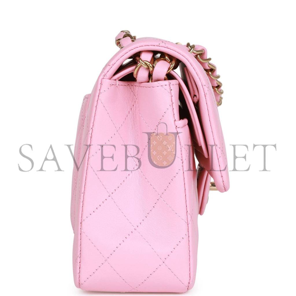 Ch*el small classic double flap pink lambskin light gold hardware (23*13*6cm)