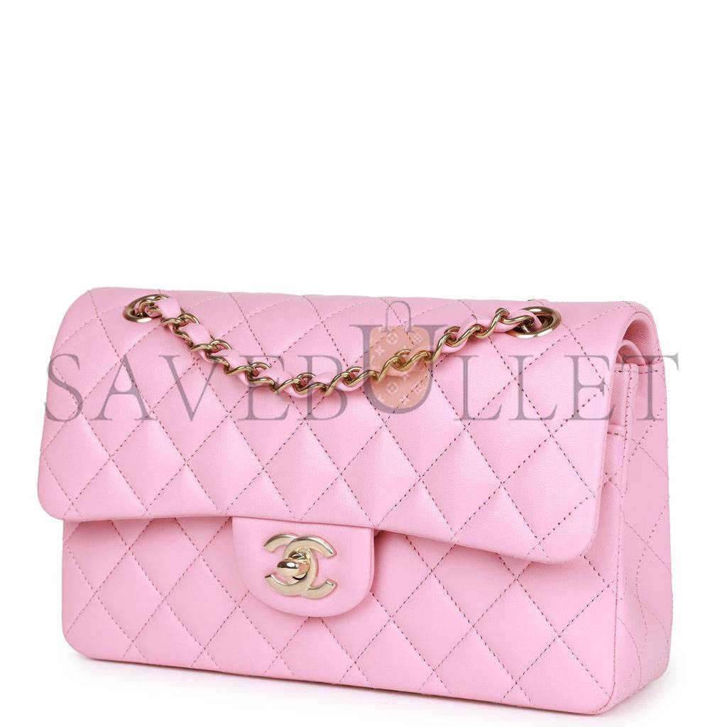 Ch*el small classic double flap pink lambskin light gold hardware (23*13*6cm)
