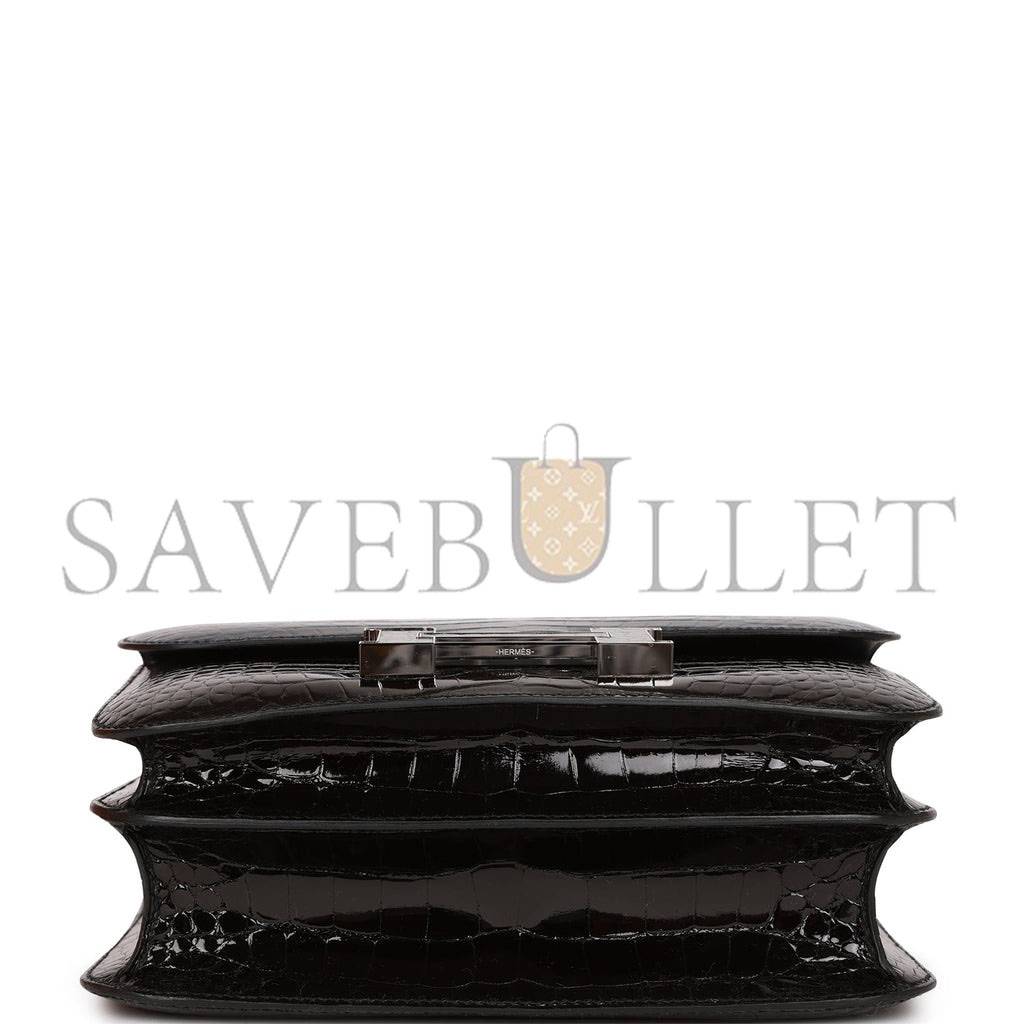 H**mes constance 24 tri-color black, bleu baltique and vert rousseau shiny alligator palladium hardware (24cm)