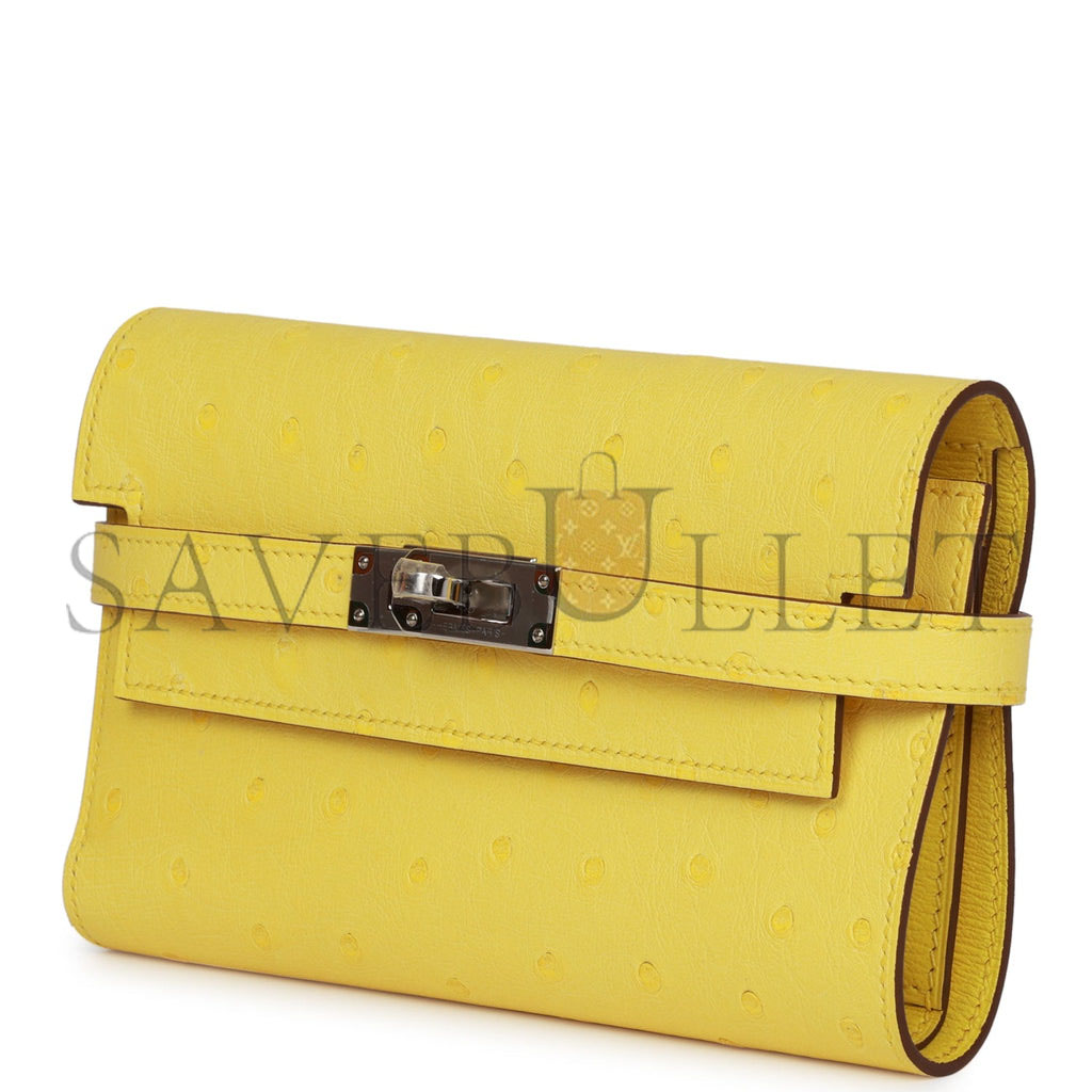 H**mes medium kelly depliant wallet jaune citron ostrich palladium hardware (15*10*3cm)