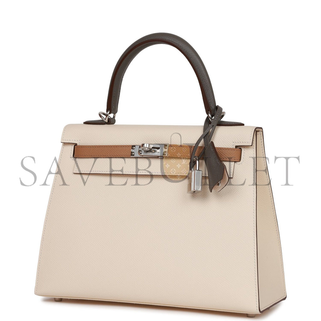 H**mes kelly sellier 25 tri-color nata, chai and gris meyer epsom palladium hardware (25*17*7cm)
