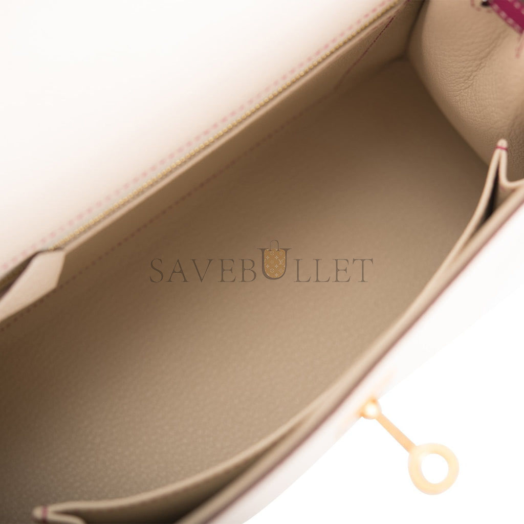 H**mes special order (hss) kelly sellier 25 rose pourpre and craie epsom brushed gold hardware handmade(25*17*7cm)