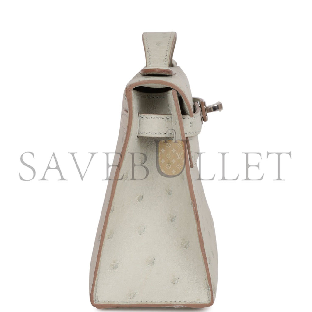 H**mes mini kelly pochette gris perle ostrich palladium hardware (22*14*7cm)