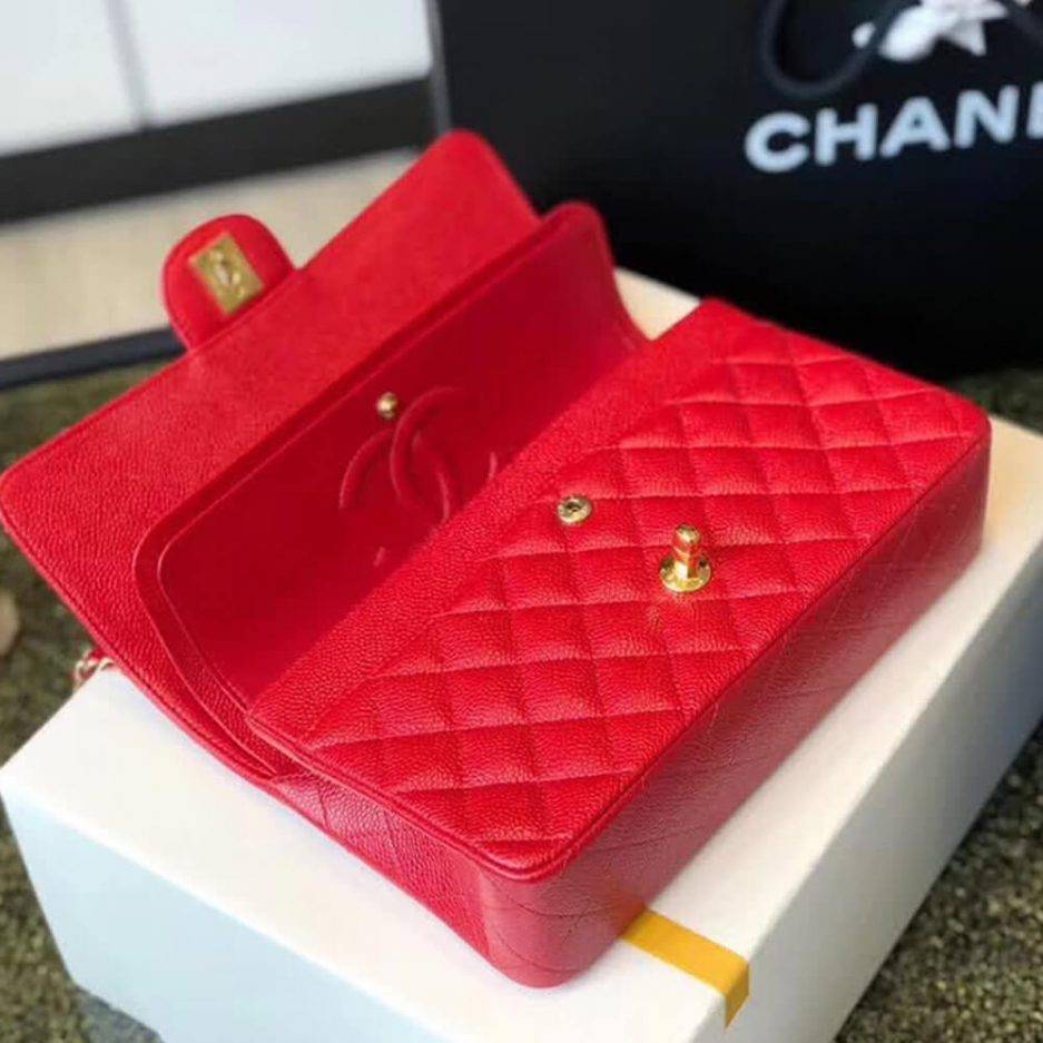 Ch*el classic flap small red caviar leather gold hardware (23*14.5*6cm)